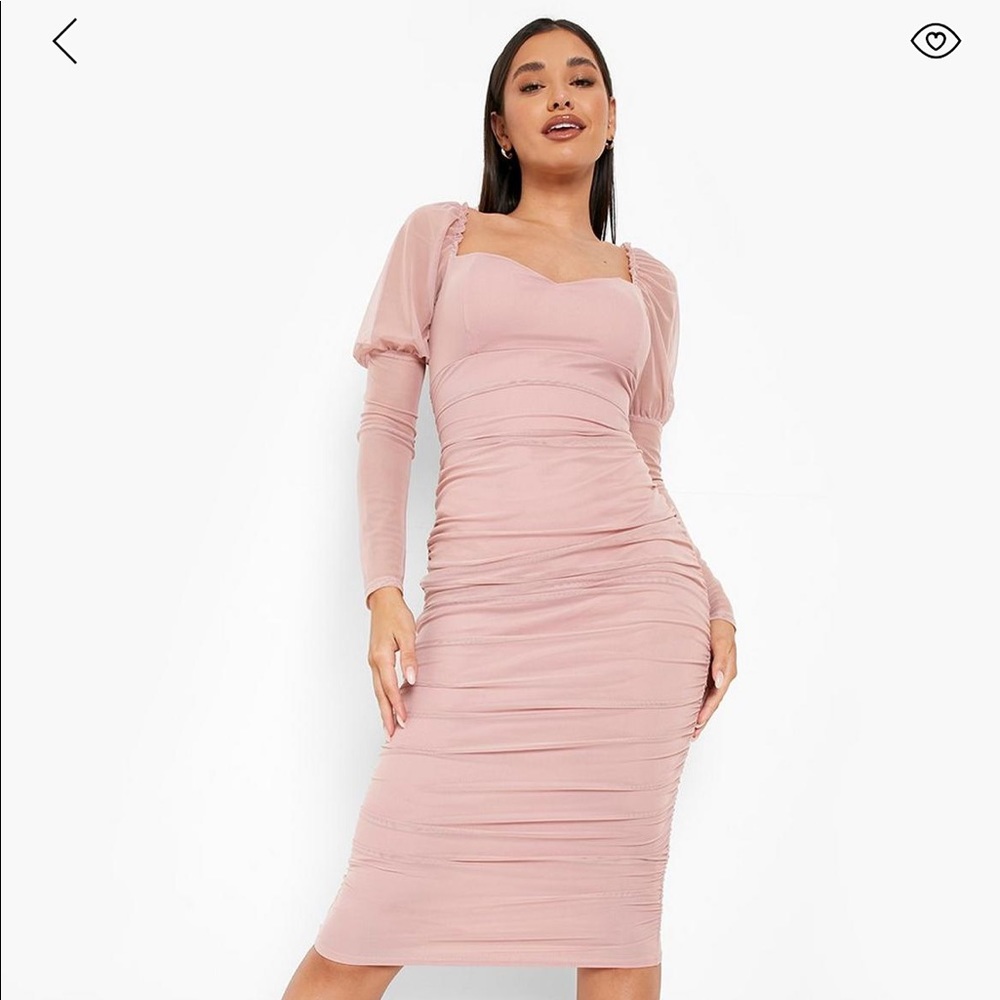 MESH SQUARE NECK RUCHED MIDI DRESS